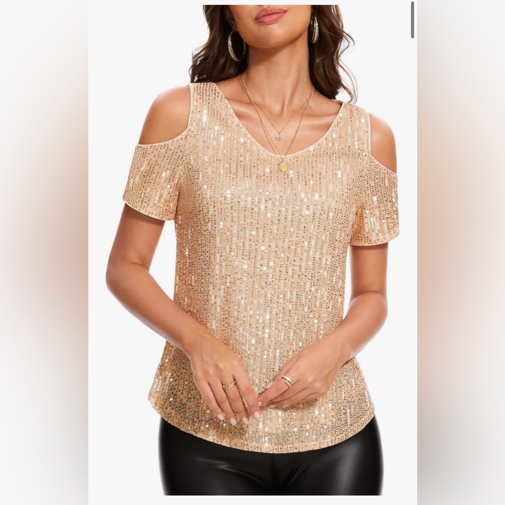 Dresstells Champagne Sequin Cold Shoulder Blouse Size L NWT